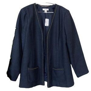 New Christopher & Banks Tweed Chain Trim Blazer Jacket Navy Blue Silver Size XL